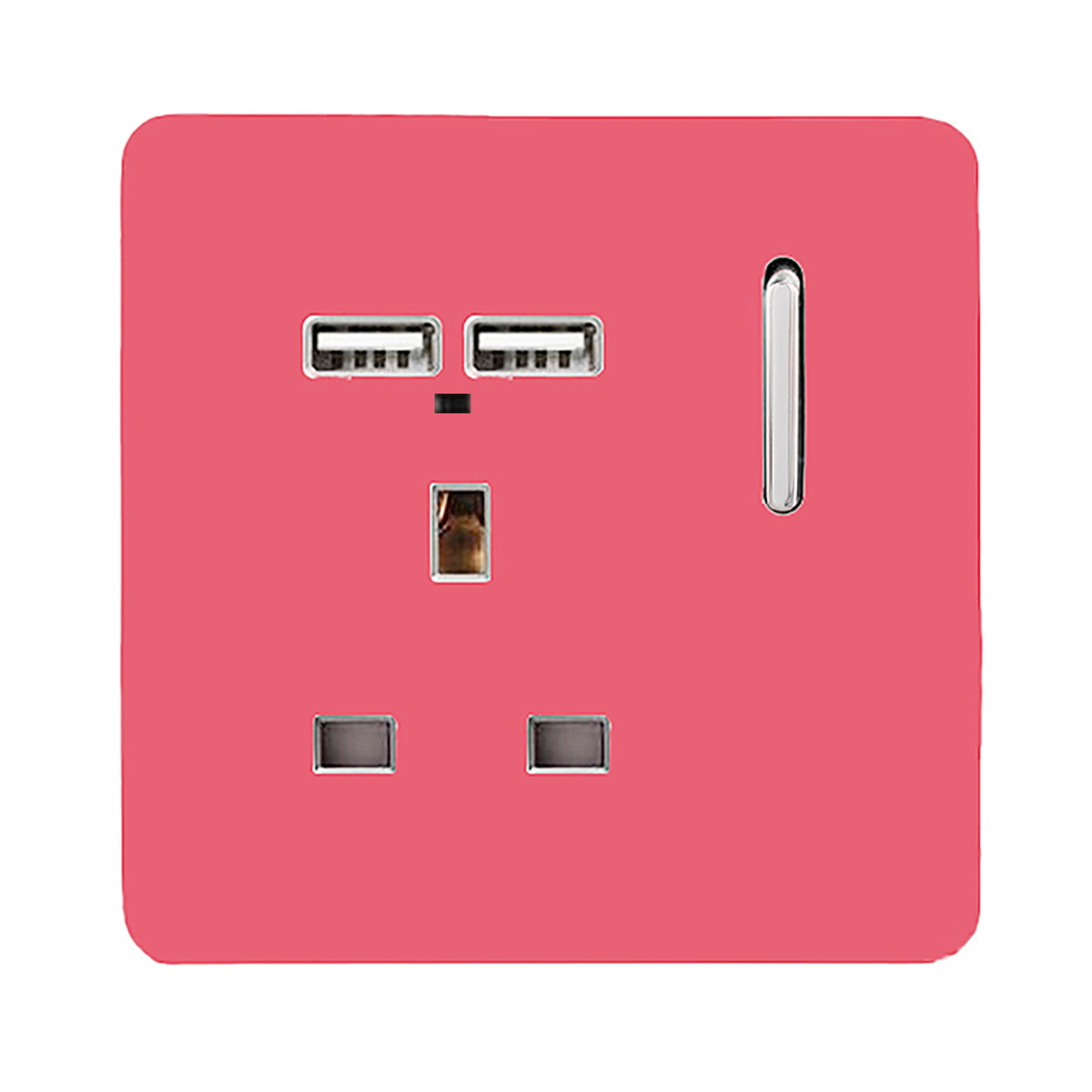 1 Gang Switched Single Socket 13A With 2 x USB-A 10W (Shared) With Neon Insert Strawberry